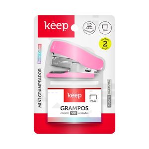 Mini Grampeador 15 Folhas Rosa Blister de 500 Grampos 26/6 Keep - EI176