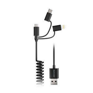 Cabo Espiral 3 em 1 com Conectores Micro USB + USB-C + iPhone com Cabo de 1,5 Metros Preto Multilaser - WI368