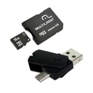 Kit Dual Drive OTG + Adaptador SD + Cartão de Memória Classe 10 16GB Preto Multilaser- MC131