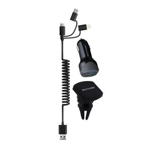 Kit Carregador Veicular 3 em 1 Multilaser USB + Type-C IPhone com Suporte Magnético Preto - CB134