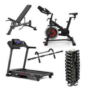 Combo Home Gym - Bike Spinning 8IC3/IC700ic, Esteira Schwinn 510T, Kit 10 Halteres Emborrachados, Banco Ajustável e Barra de Exercícios - GY002K